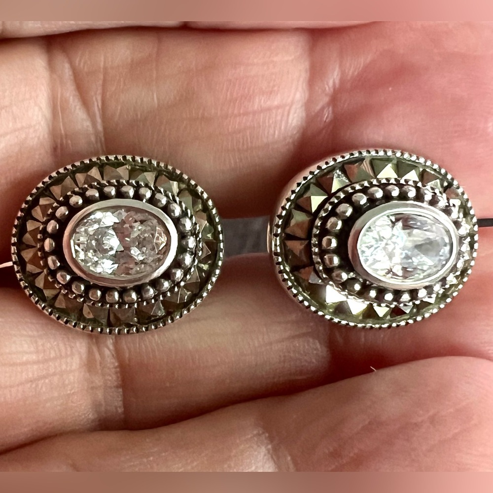 Judith Jack Earrings Clear Crystal & Marcasites, Sterling Lever Back Closure - Picture 4 of 9